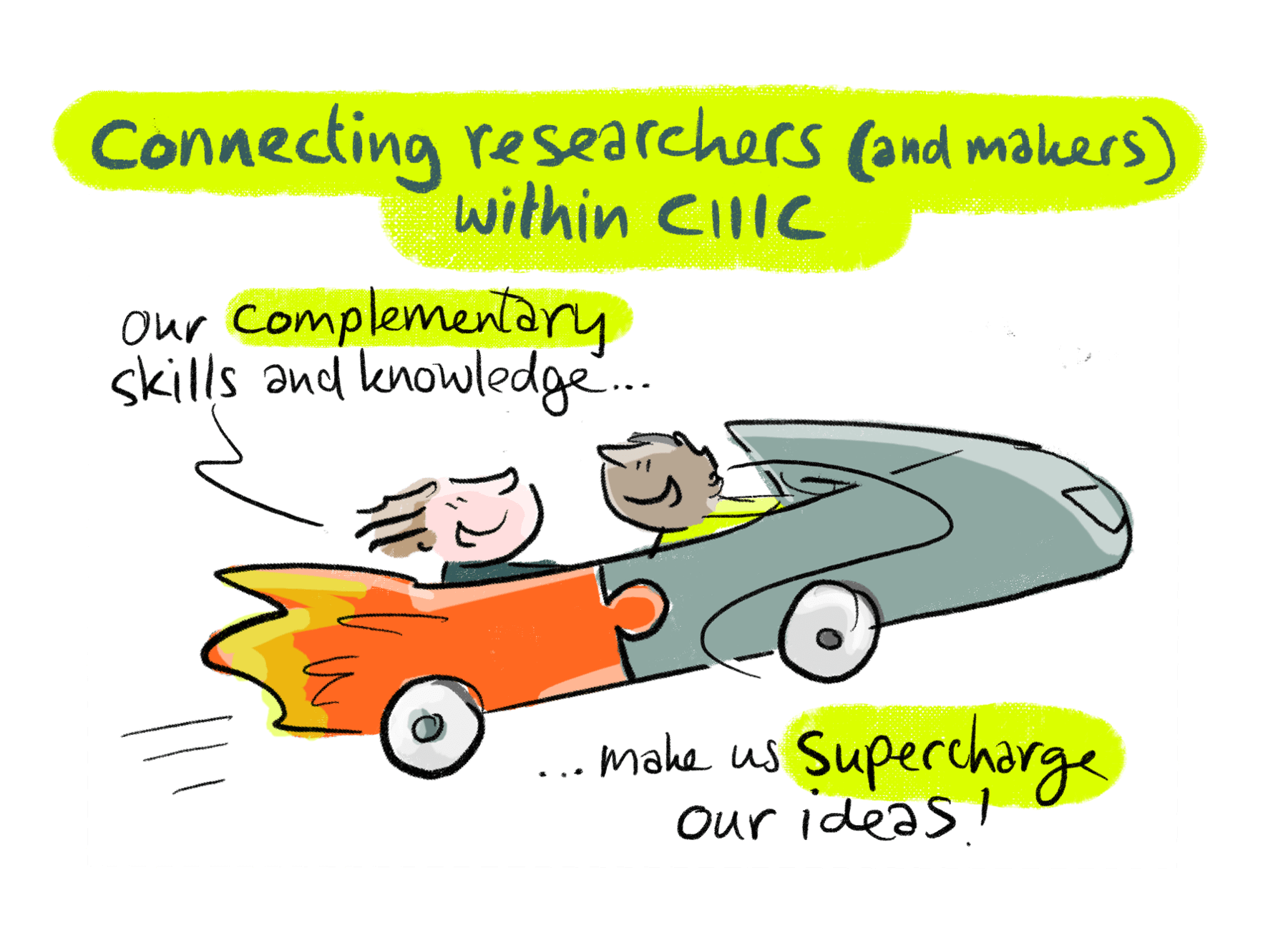Illustration of two people joyfully driving a puzzle-shaped car to symbolize collaboration and idea acceleration.