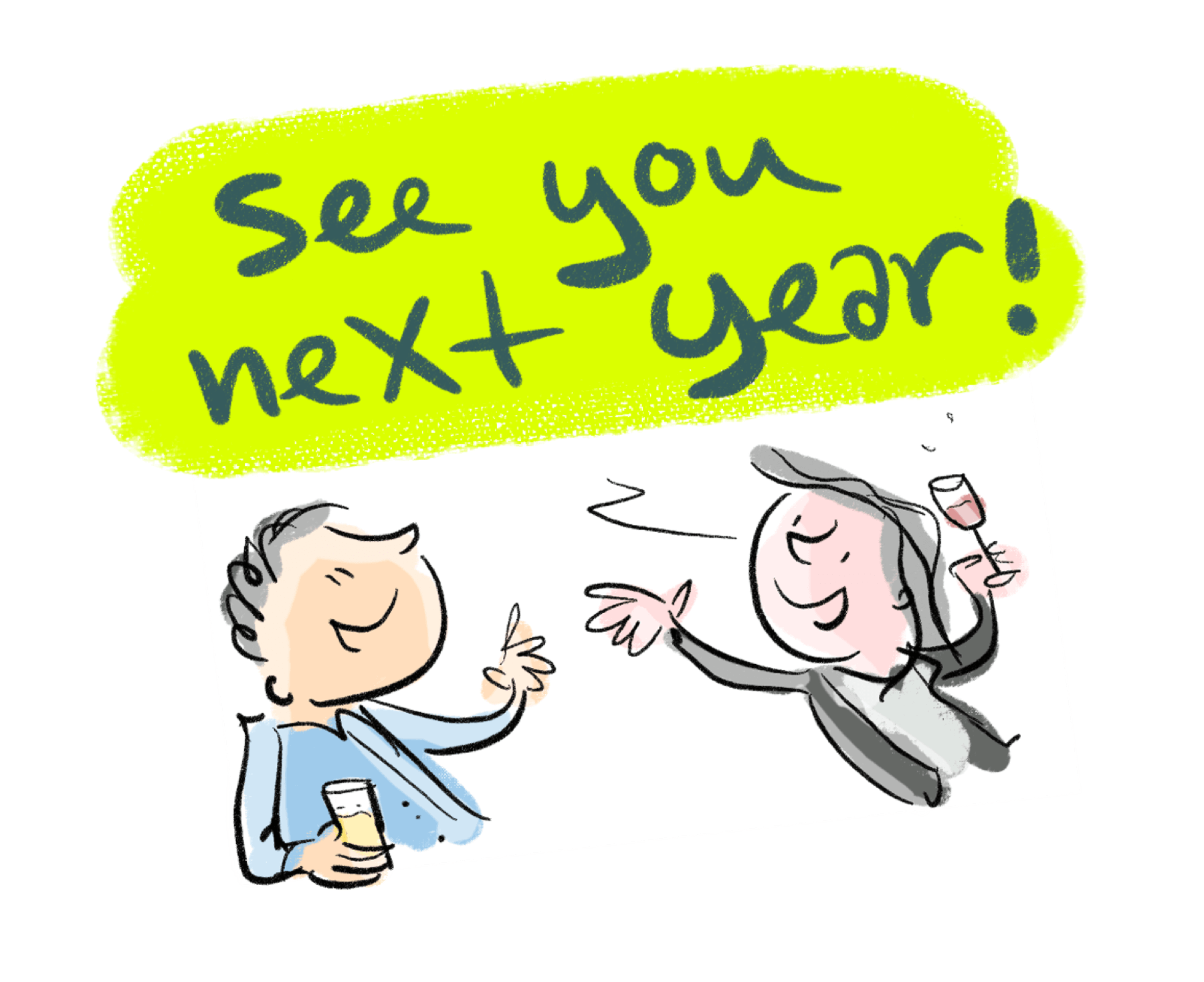 Illustration of two people joyfully toasting with drinks and speech bubble saying "See you next year!" in bold text.