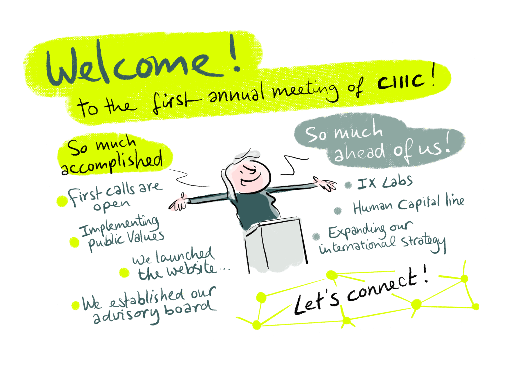 Illustration of a person at a podium welcoming attendees to the CIIIC annual meet-up, highlighting past achievements and future goals.